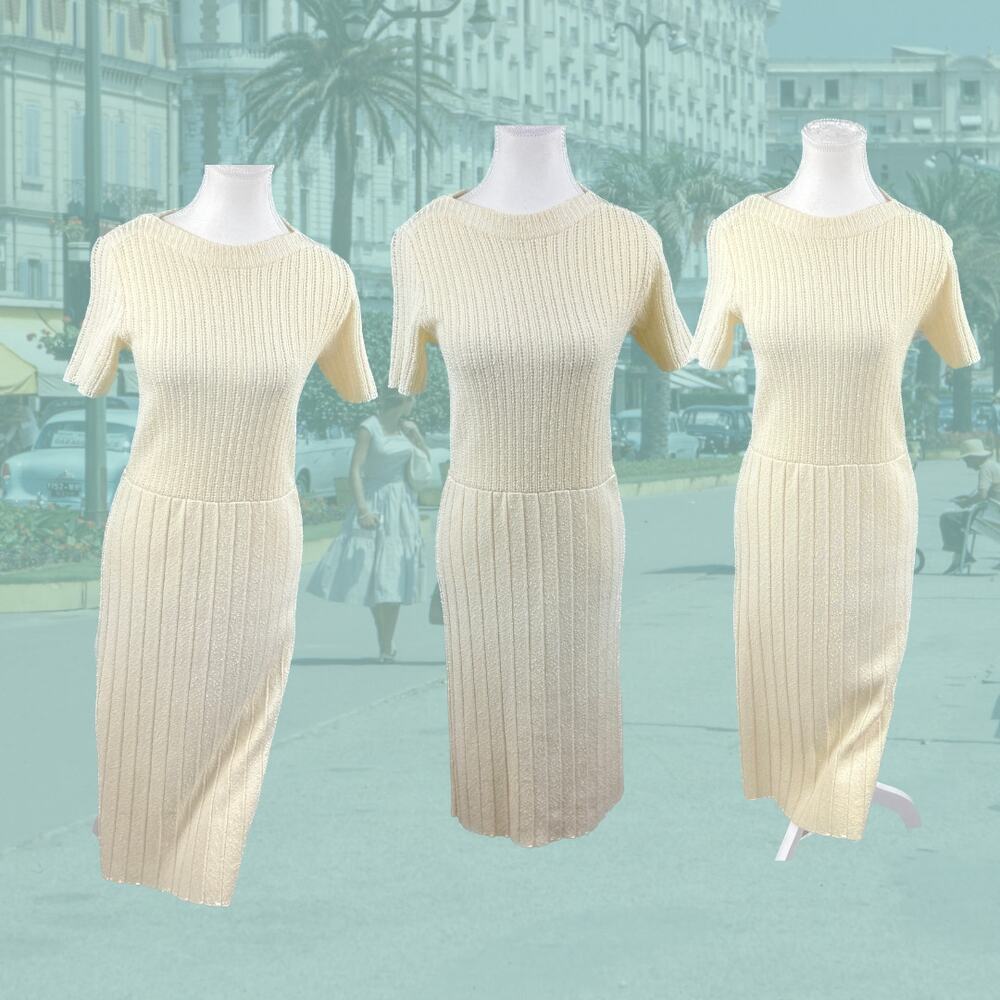 Vintage Cream Ribbed Knit Midi Dress